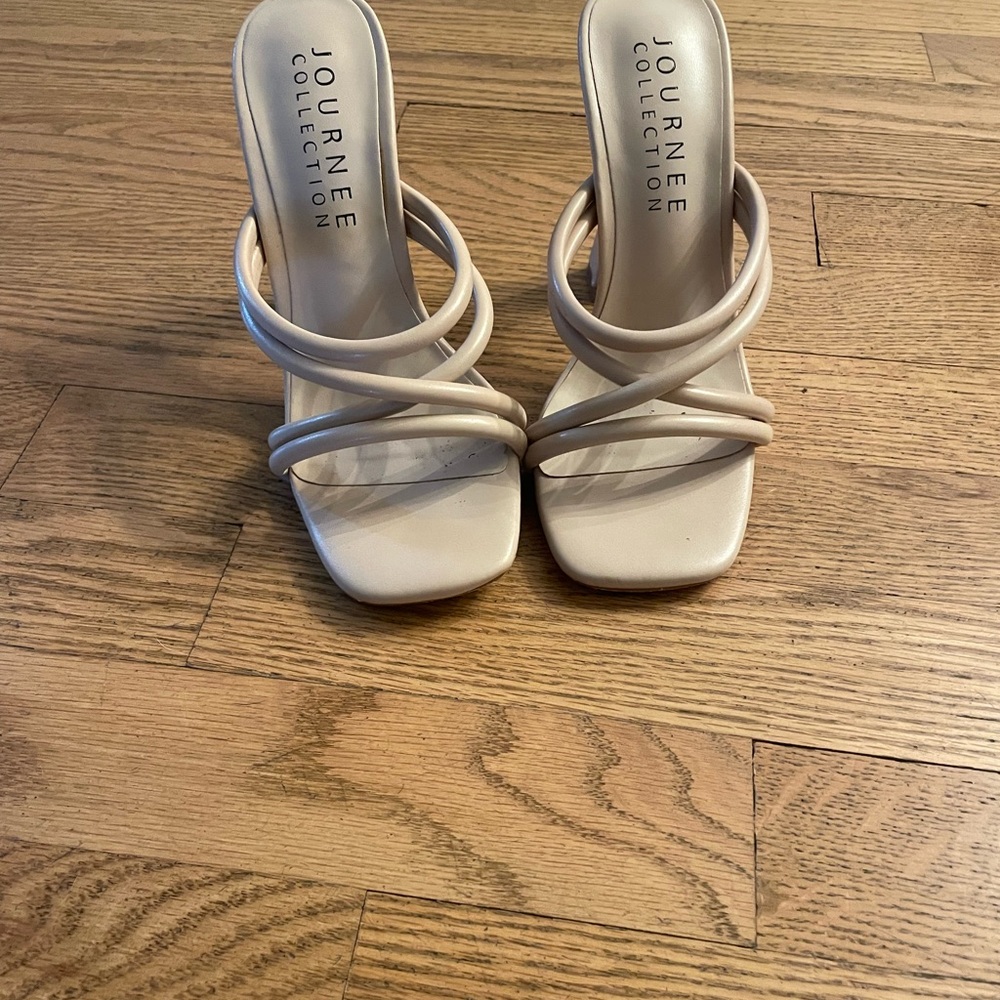 Journee Collection Cream Heeled Sandals with Strappy Design